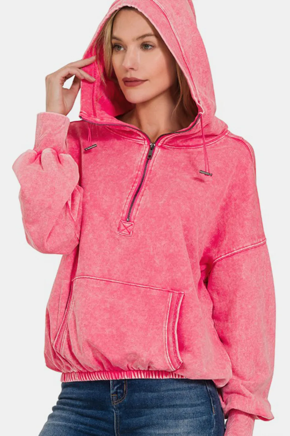 100% Cotton Sweater Drawstring Half Zip Dropped Shoulder Hoodie New Women's Fashion  Premium Luxury