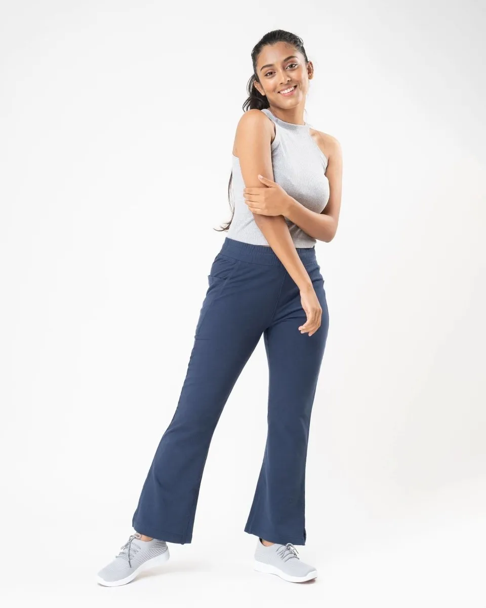 100% Organic Cotton Blue Flared Bottom Athleisure Pant For Women