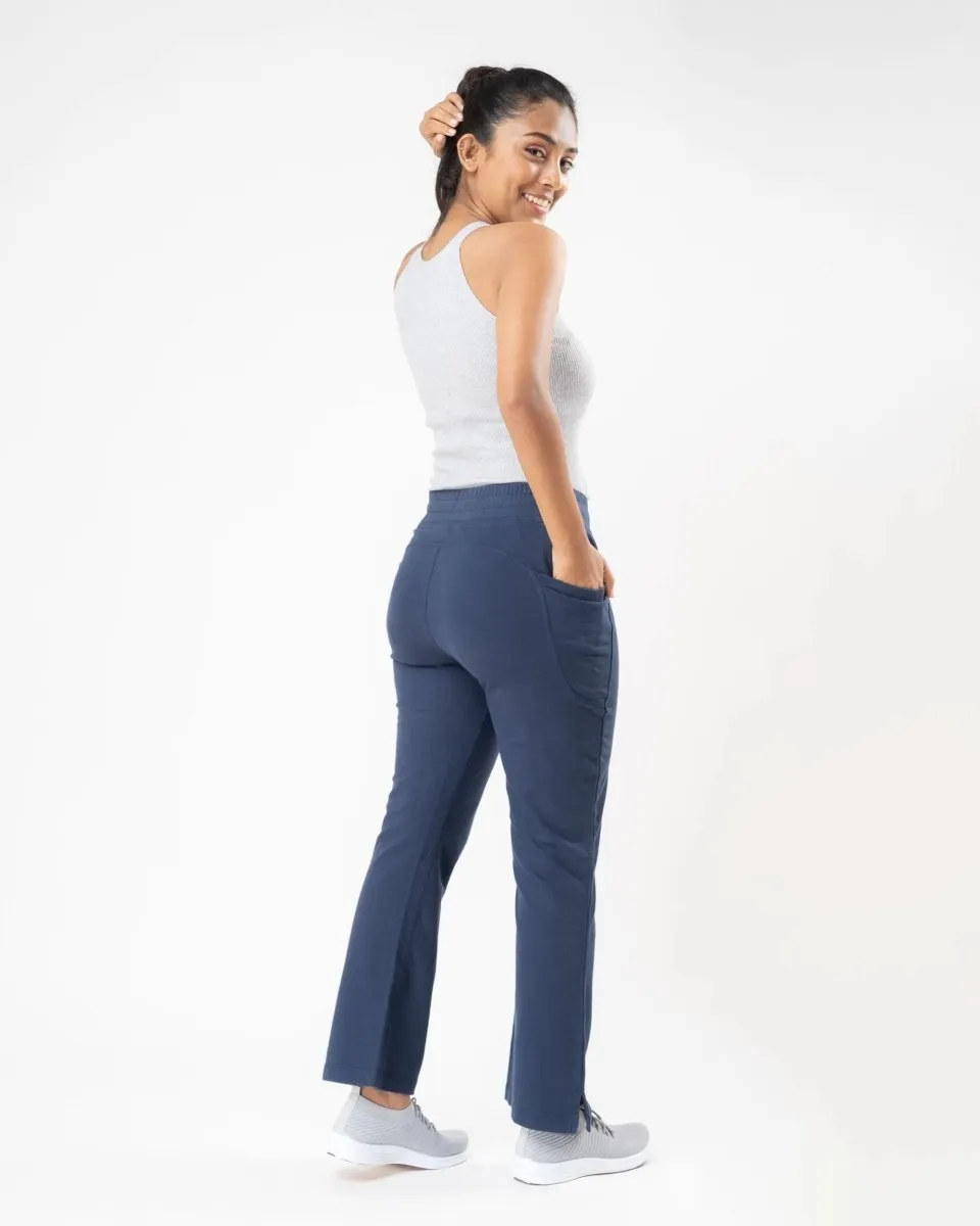 100% Organic Cotton Blue Flared Bottom Athleisure Pant For Women