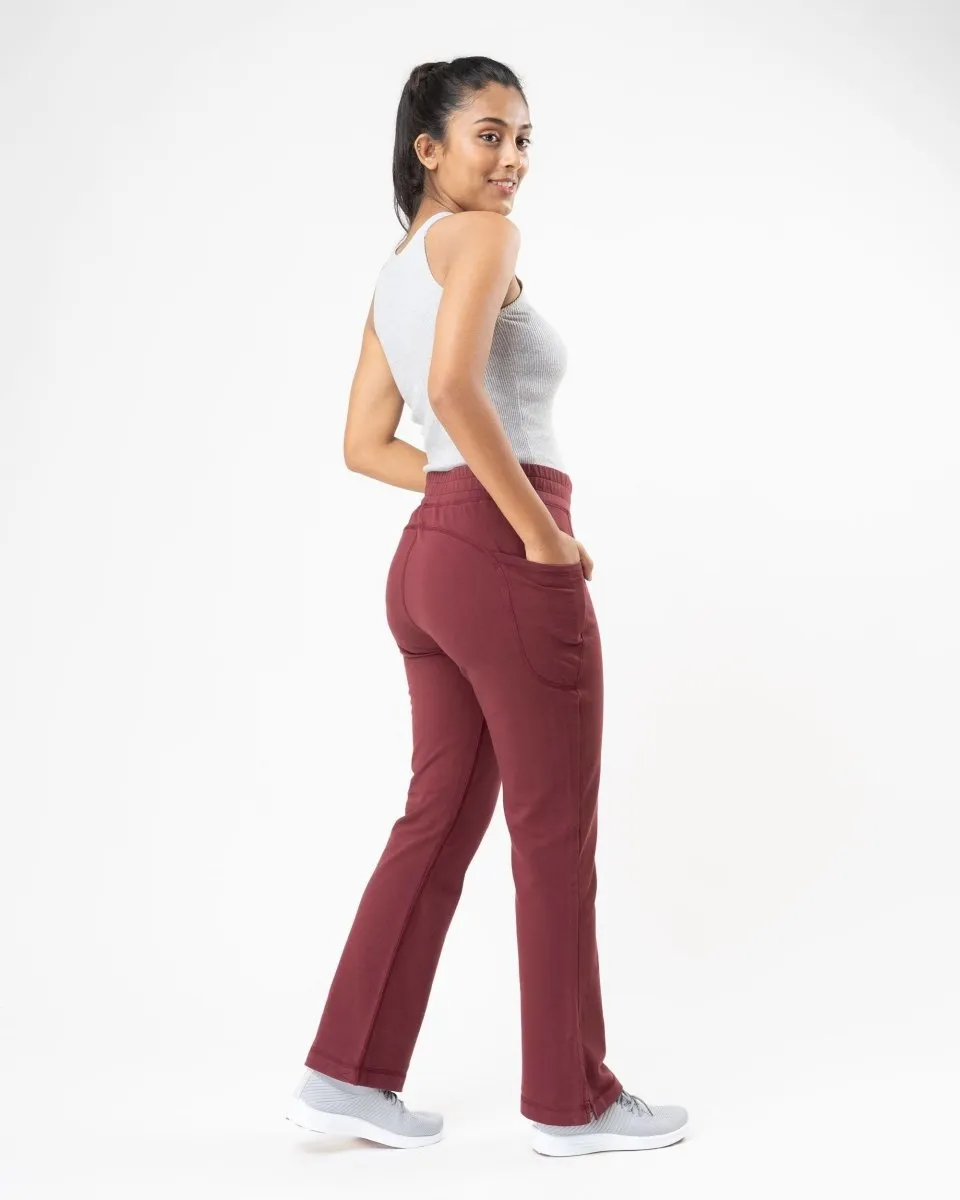 100% Organic Cotton Maroon Flared Bottom Athleisure Pant For Women