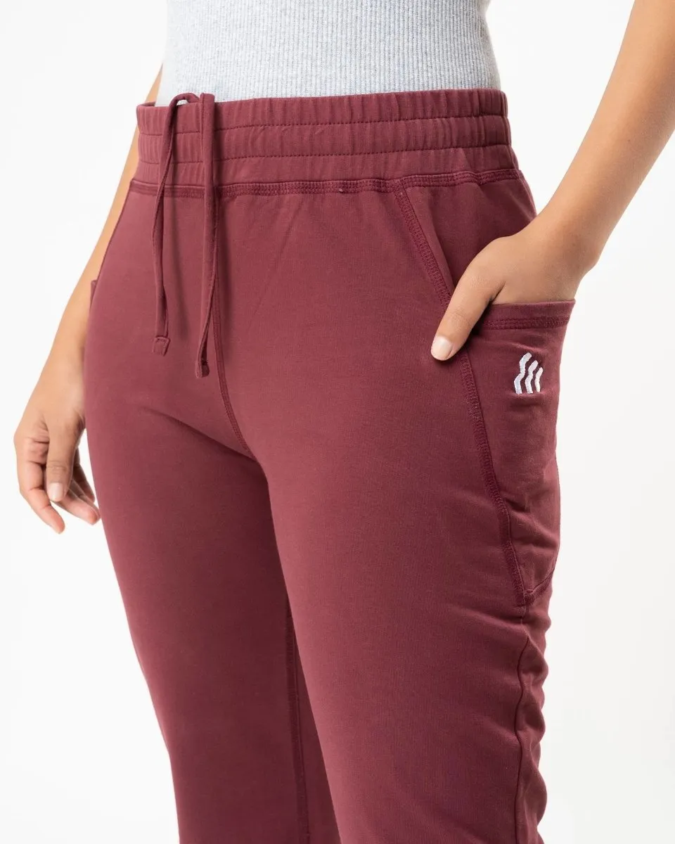 100% Organic Cotton Maroon Flared Bottom Athleisure Pant For Women