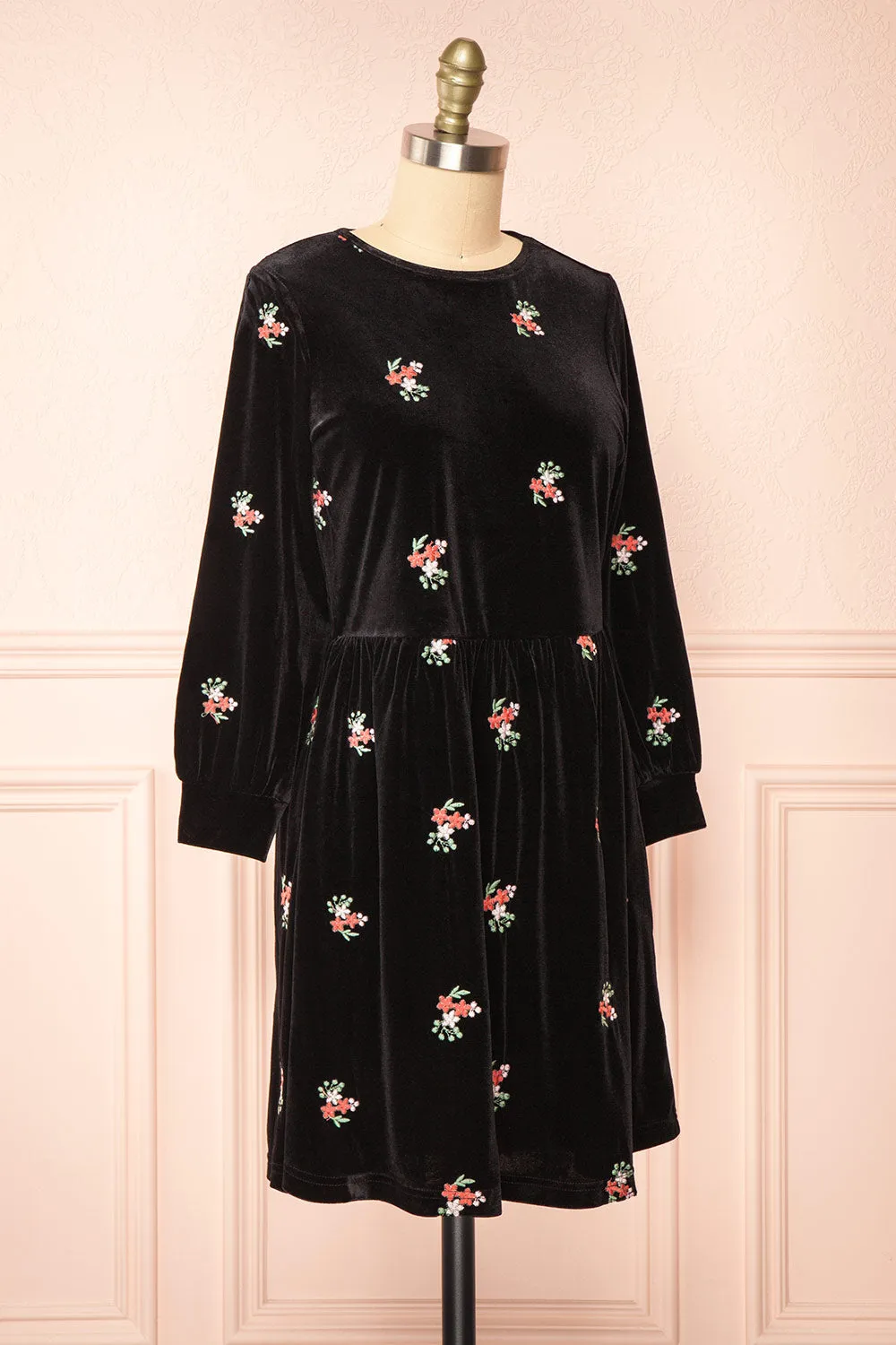 Aerelia | Black Short Velvet Dress w/ Floral Embroidery