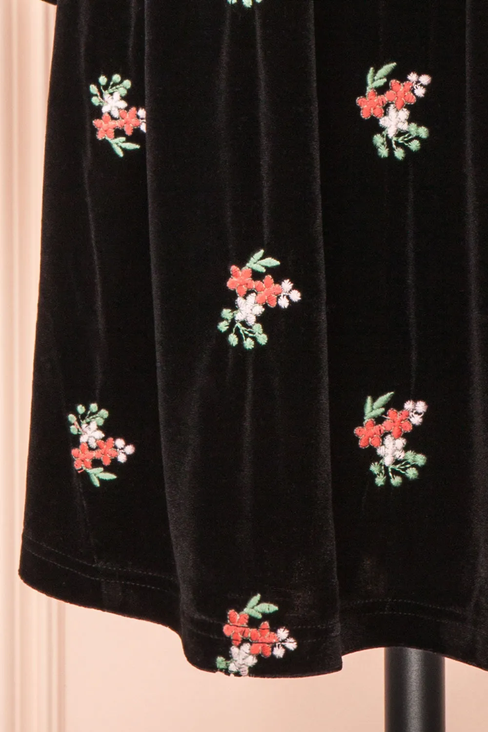 Aerelia | Black Short Velvet Dress w/ Floral Embroidery