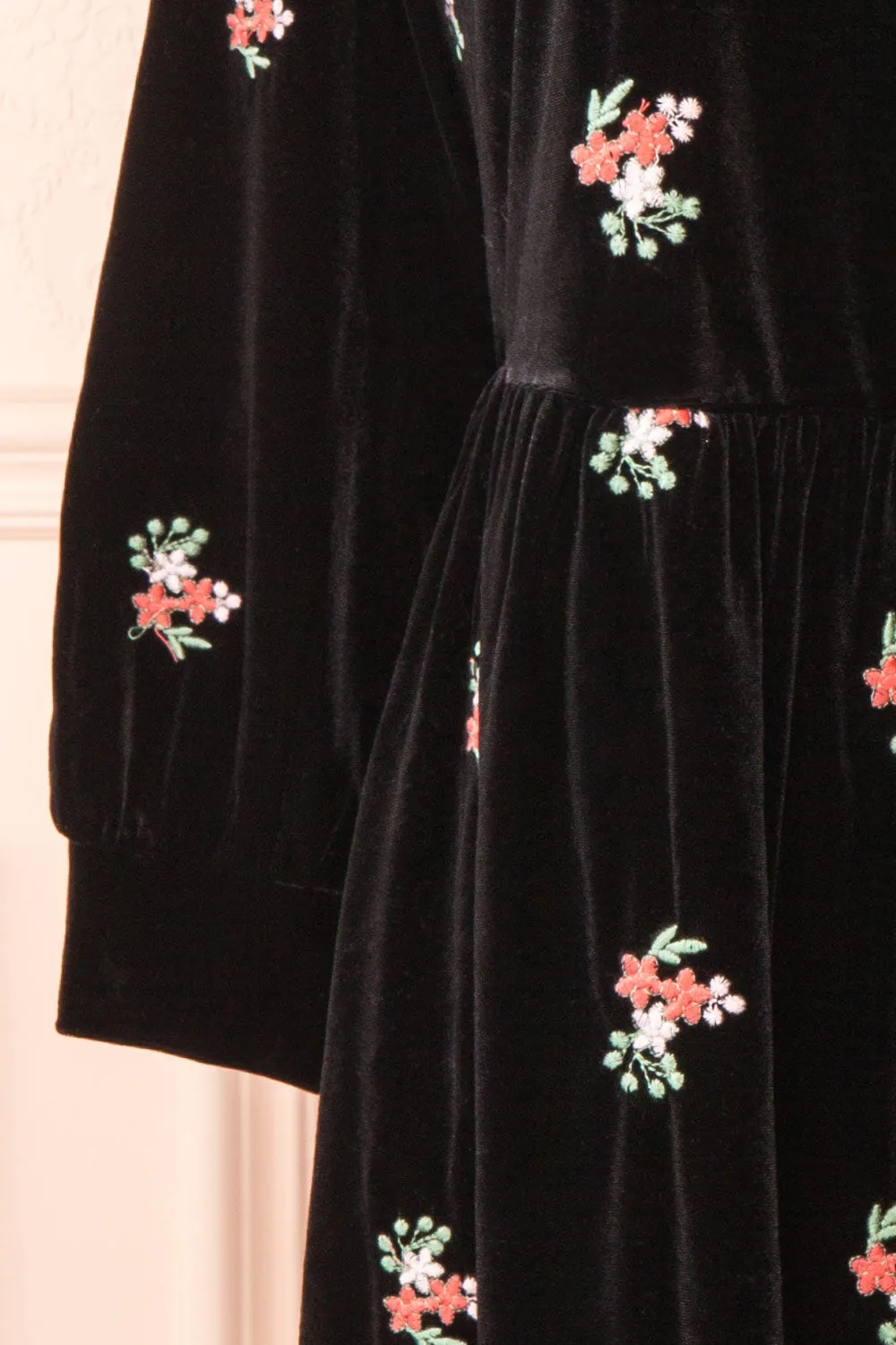 Aerelia | Black Short Velvet Dress w/ Floral Embroidery