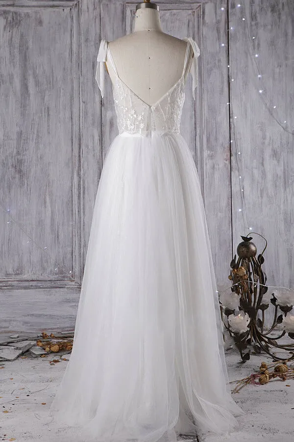 Affordable Long A-line Sweetheart Tulle Lace Backless Wedding Dress