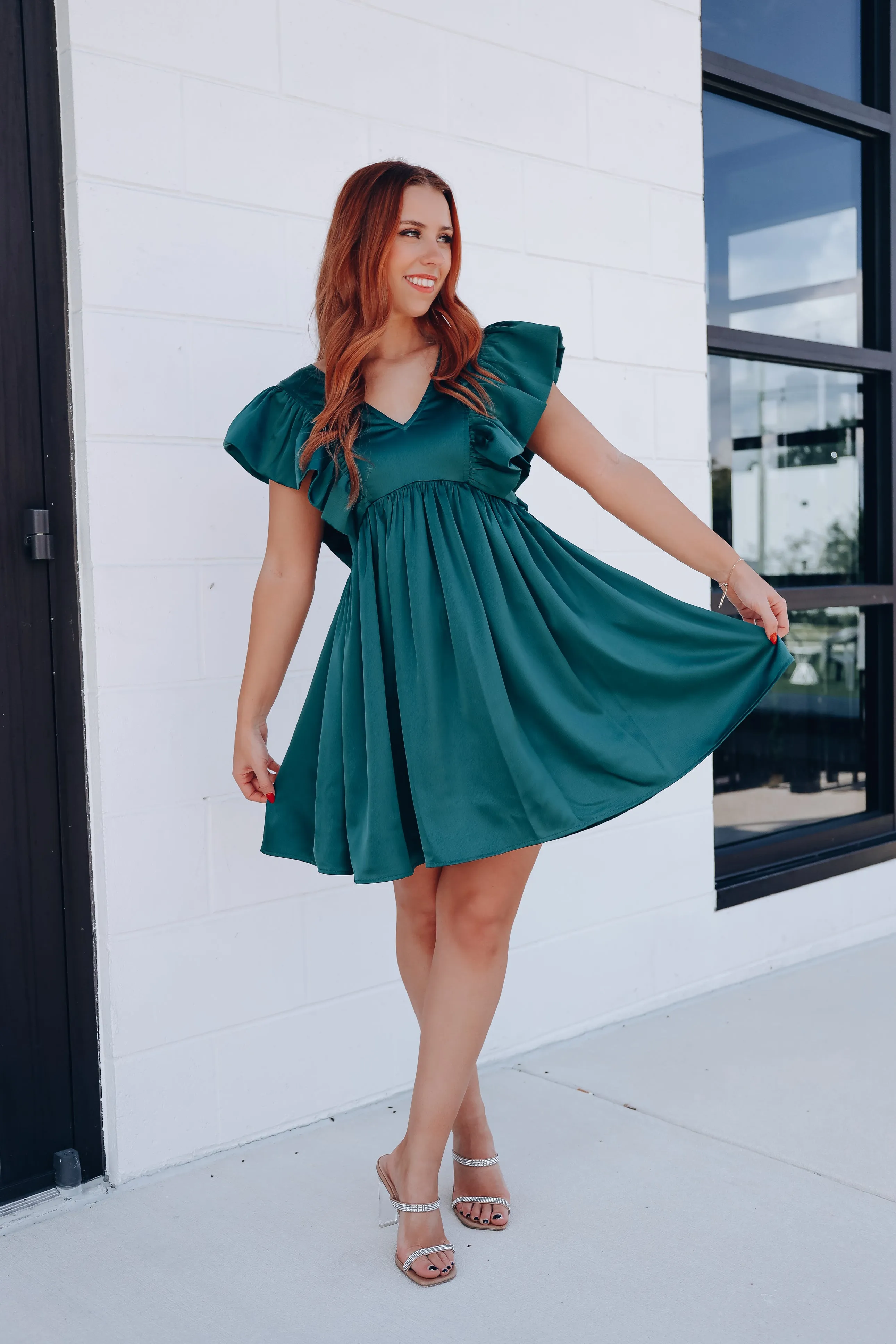 Angelic Ruffle Sleeve Babydoll Dress - Green