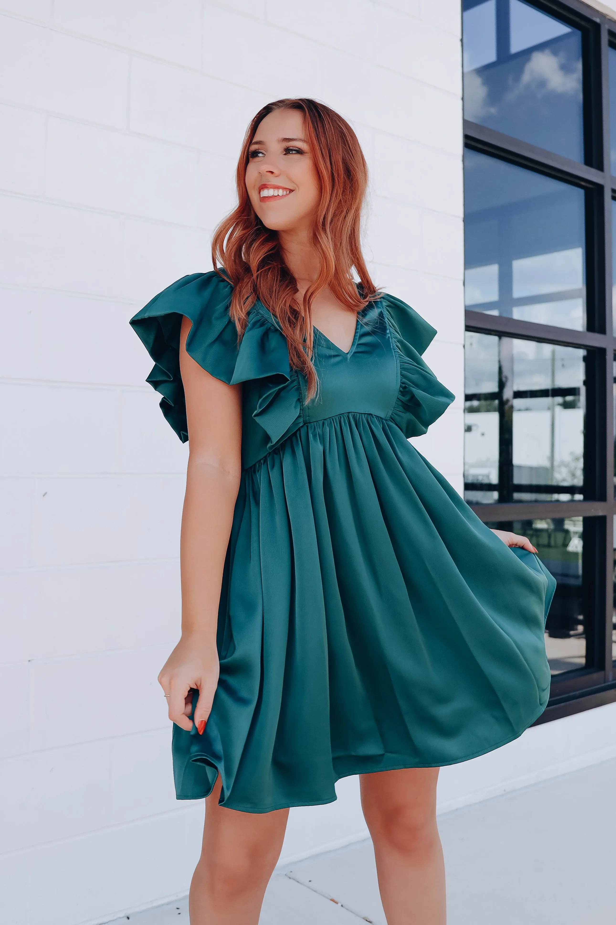 Angelic Ruffle Sleeve Babydoll Dress - Green