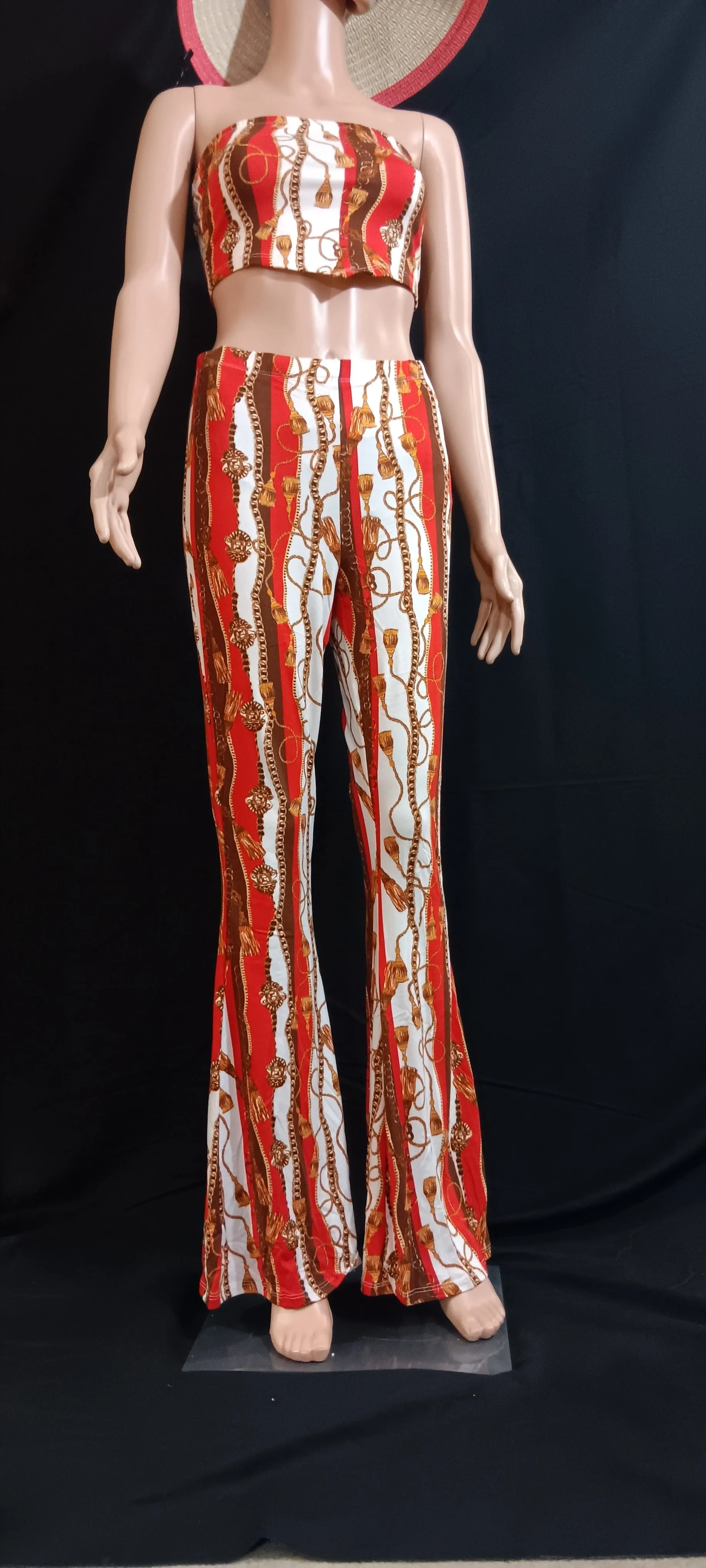 Baroque chain print crop top and flared pant 2 piece set