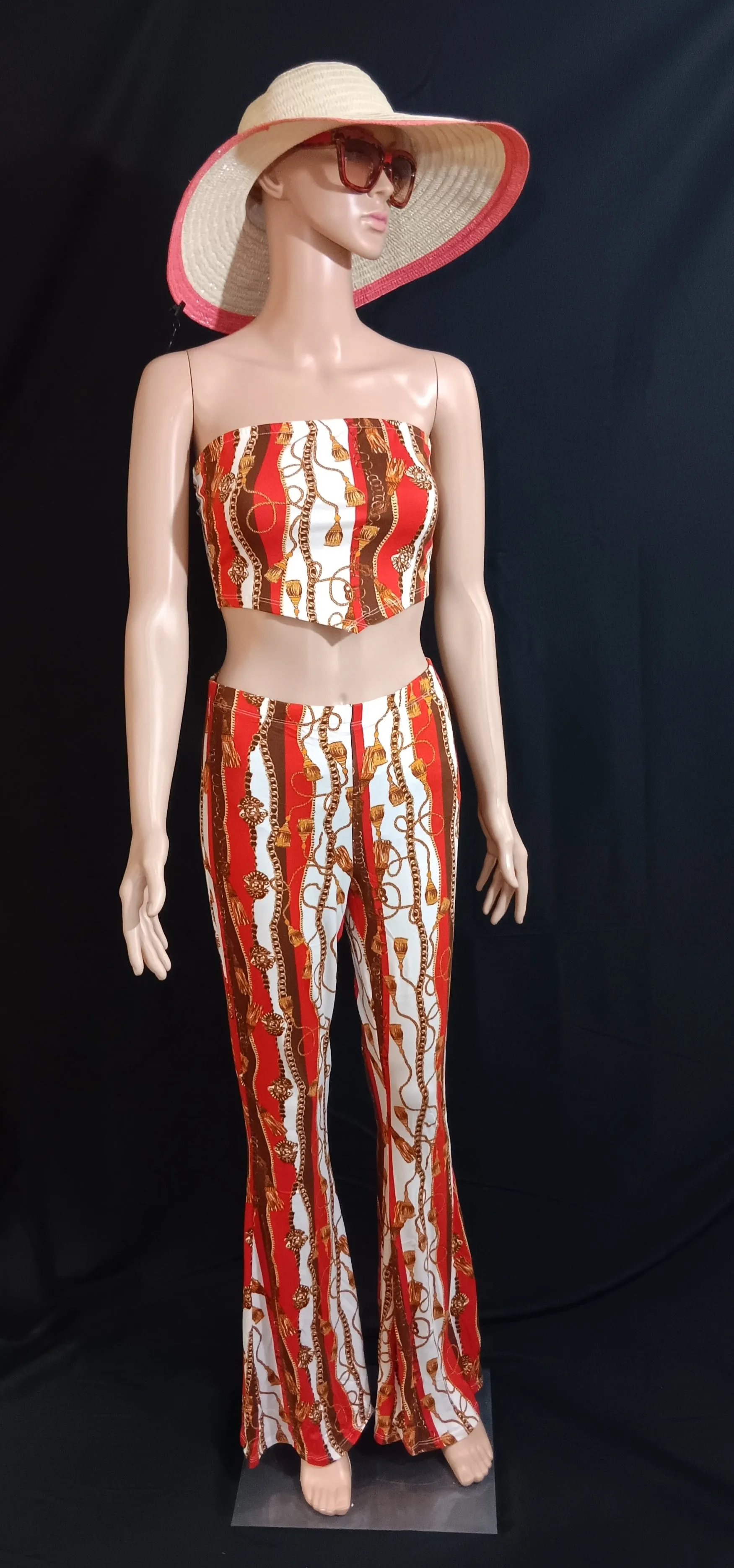 Baroque chain print crop top and flared pant 2 piece set