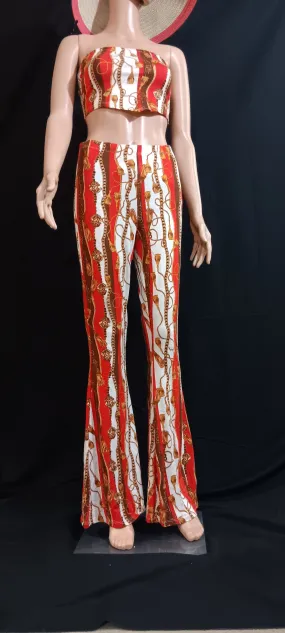 Baroque chain print crop top and flared pant 2 piece set