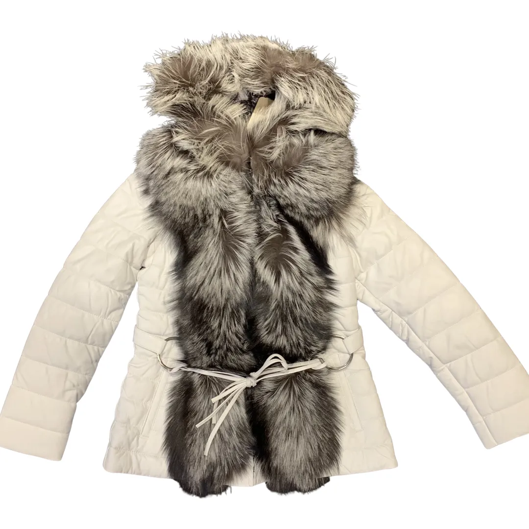 Barya NewYork Womens White Lambskin Fox Fur Coat