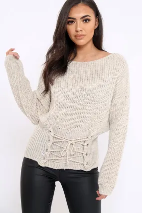 Beige Corset Waist Knitted Jumper - Elizabeth