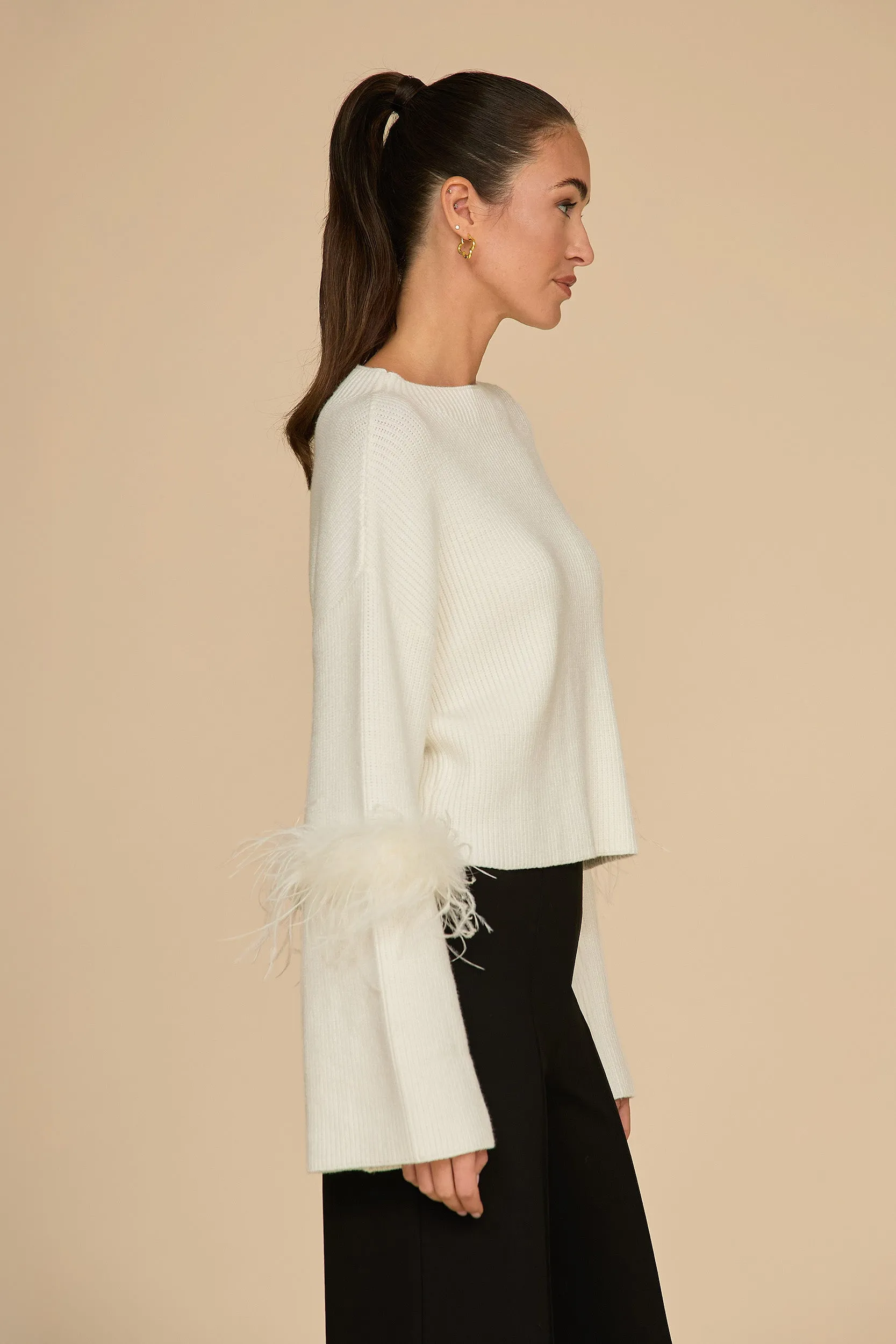 Bella Feather Trim Sweater - Pearl