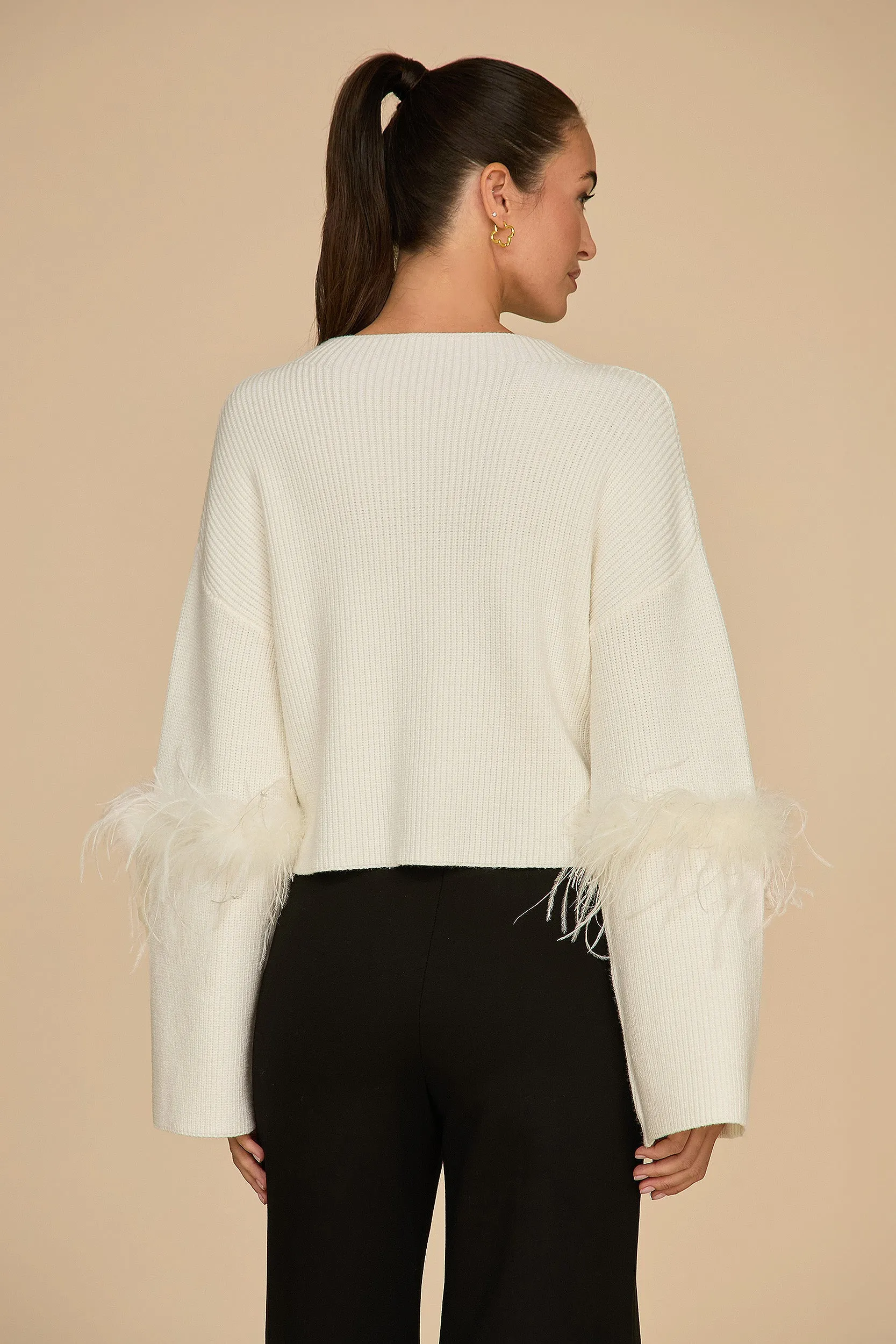 Bella Feather Trim Sweater - Pearl