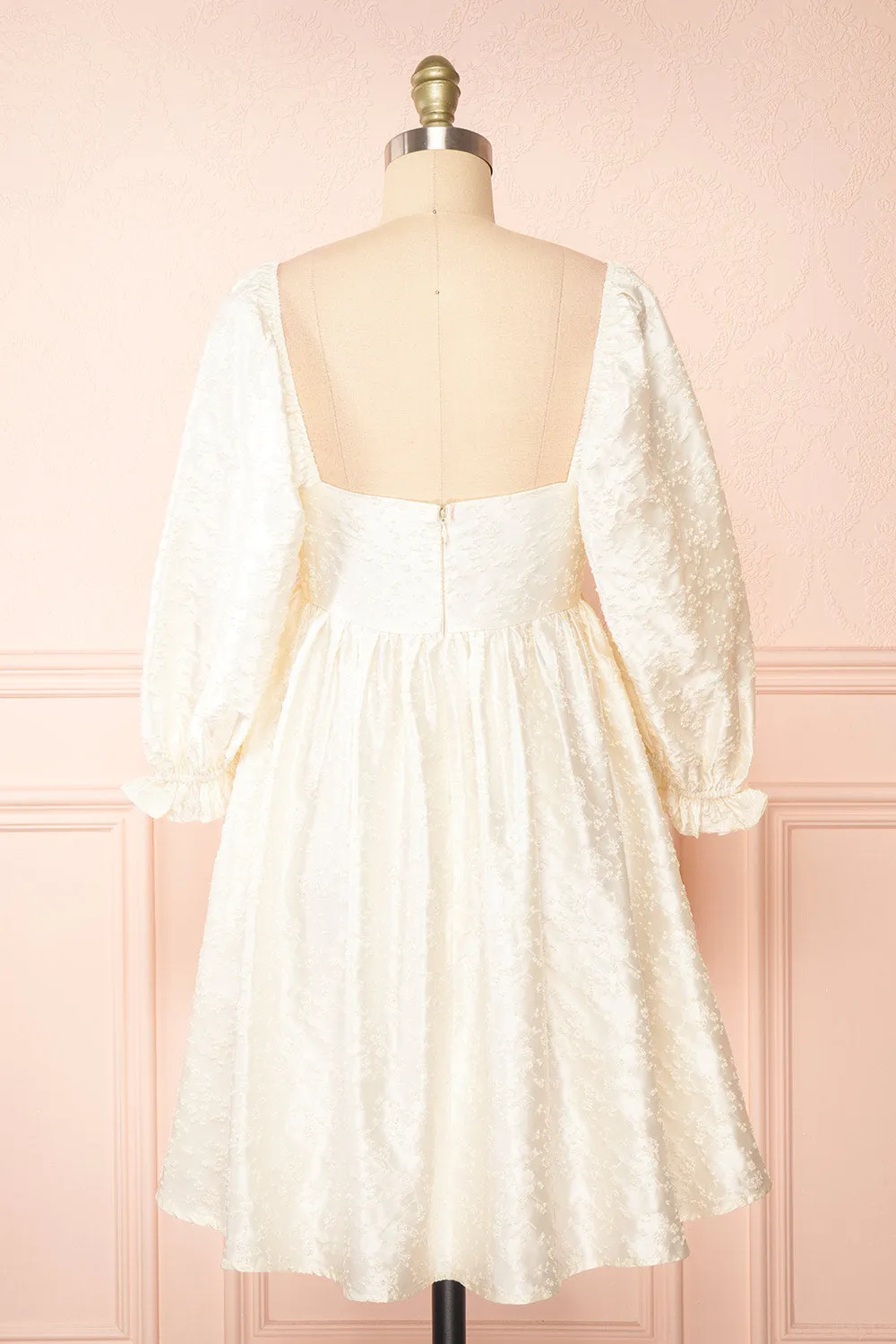 Betie | Ivory Satin Embroidered Babydoll Dress