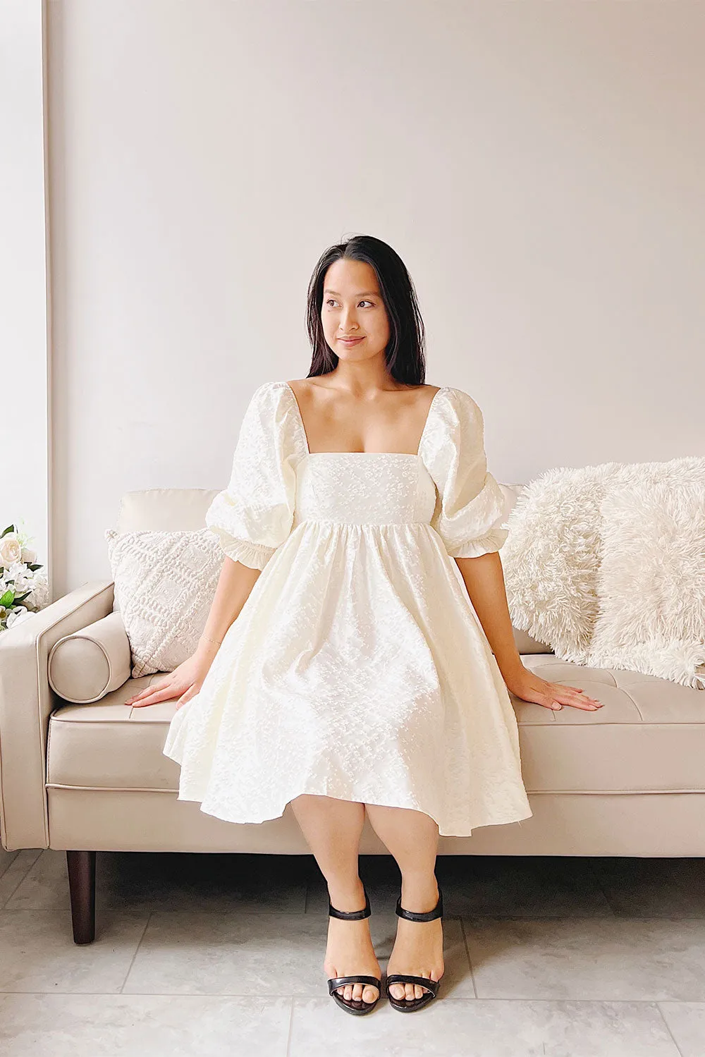 Betie | Ivory Satin Embroidered Babydoll Dress