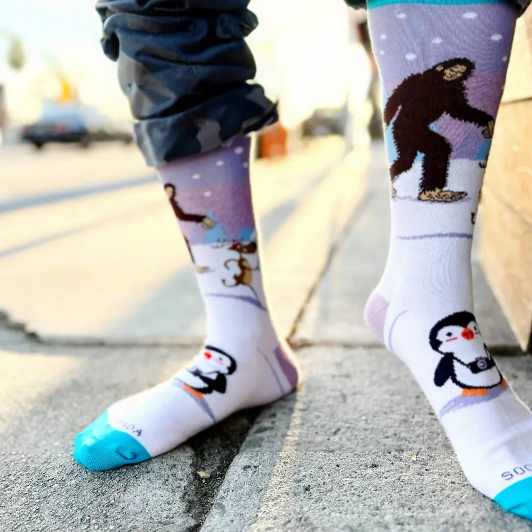 Bigfoot with Reindeer and Penguin Socks from the Sock Panda (Adult Large - Men's Shoe Sizes 8-12)