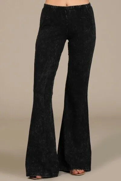 Black Boho Mineral Wash Flared Bell Bottom Stretch Pull On Pants Womens