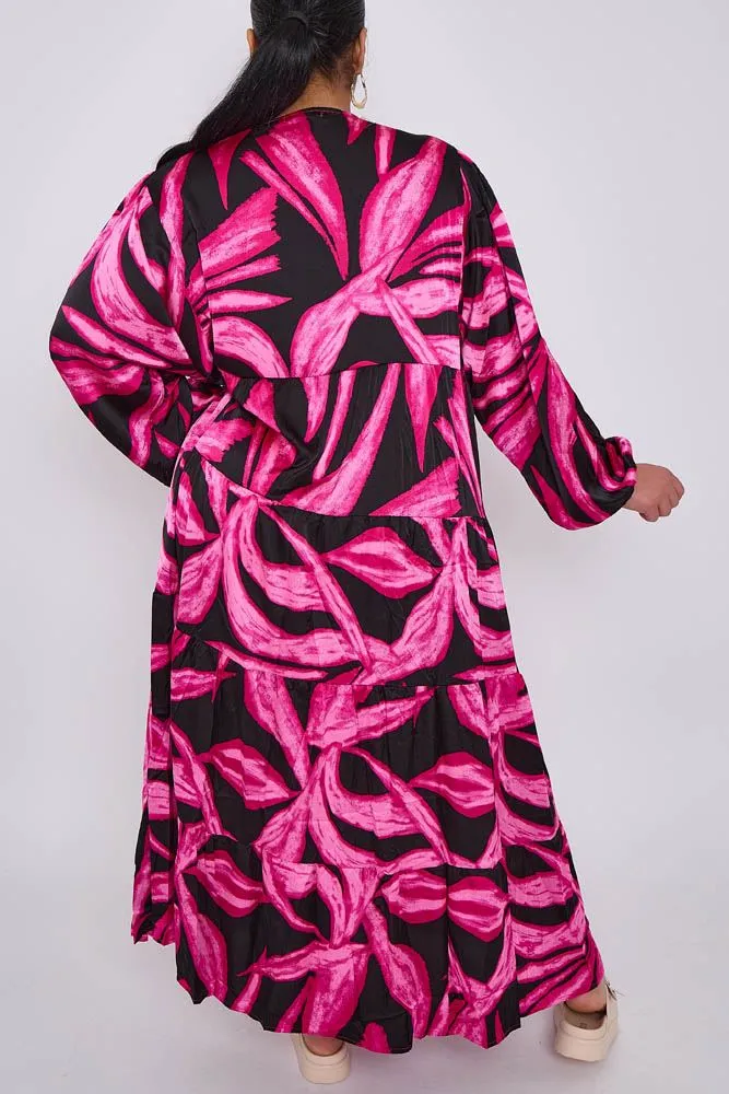 Bold Leaf Print Flared Tiered Dress