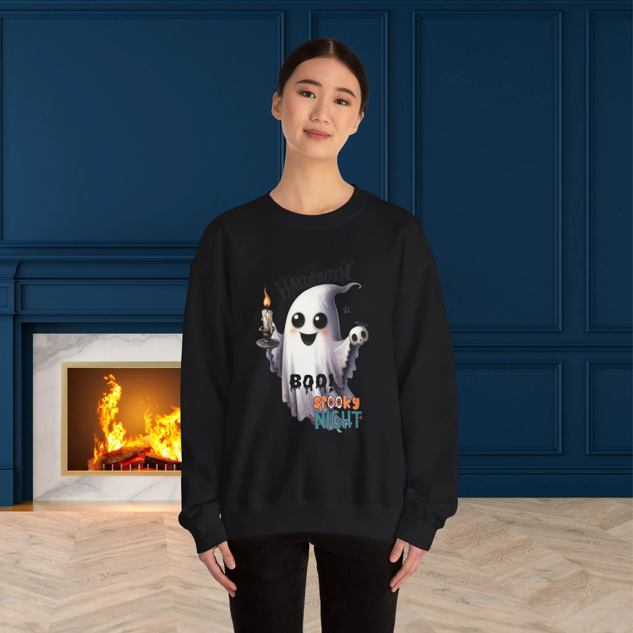 Boo Spooky Night Happy Halloween Sweatshirt, Happy Halloween Sweatshirt - Unisex Heavy Blend Crewneck, Halloween Sweatshirt, Cute Spooky Ghost sweatshirt.