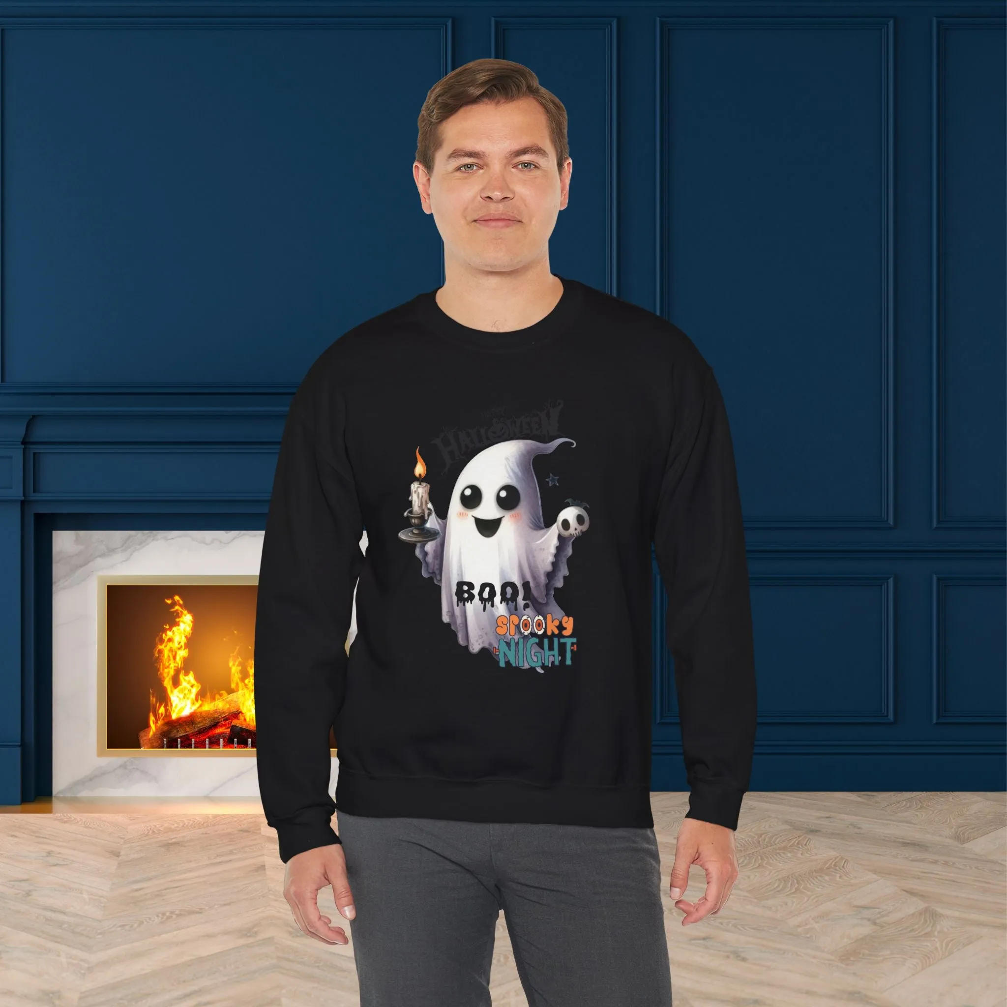 Boo Spooky Night Happy Halloween Sweatshirt, Happy Halloween Sweatshirt - Unisex Heavy Blend Crewneck, Halloween Sweatshirt, Cute Spooky Ghost sweatshirt.