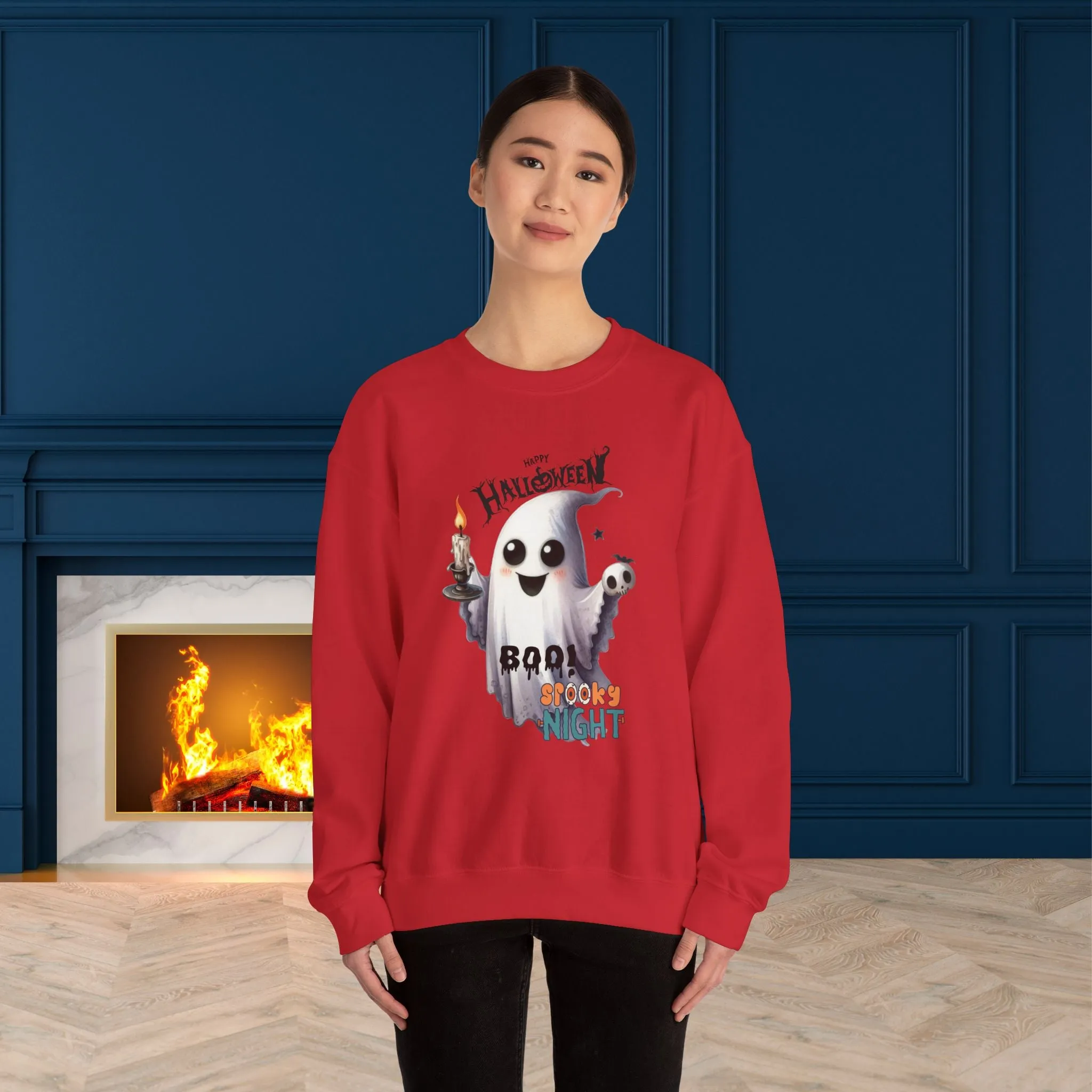 Boo Spooky Night Happy Halloween Sweatshirt, Happy Halloween Sweatshirt - Unisex Heavy Blend Crewneck, Halloween Sweatshirt, Cute Spooky Ghost sweatshirt.