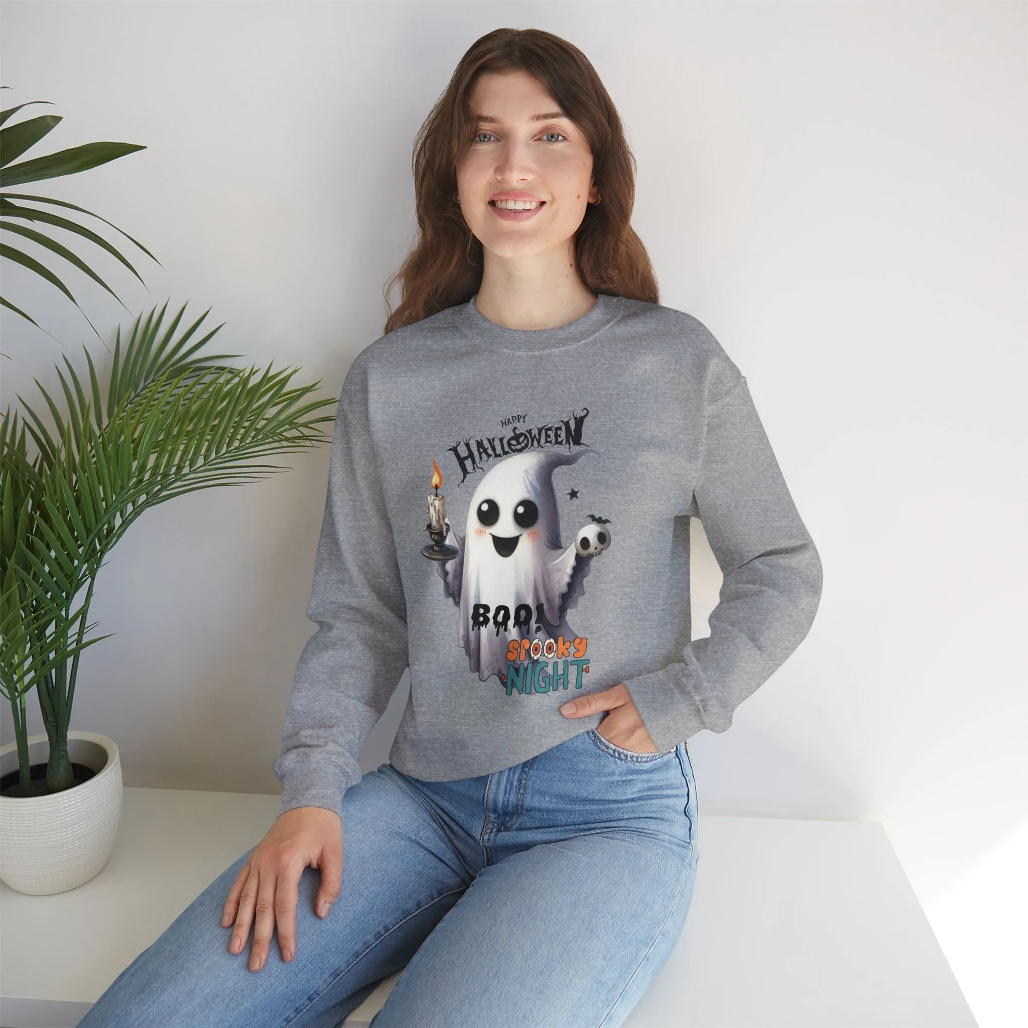 Boo Spooky Night Happy Halloween Sweatshirt, Happy Halloween Sweatshirt - Unisex Heavy Blend Crewneck, Halloween Sweatshirt, Cute Spooky Ghost sweatshirt.