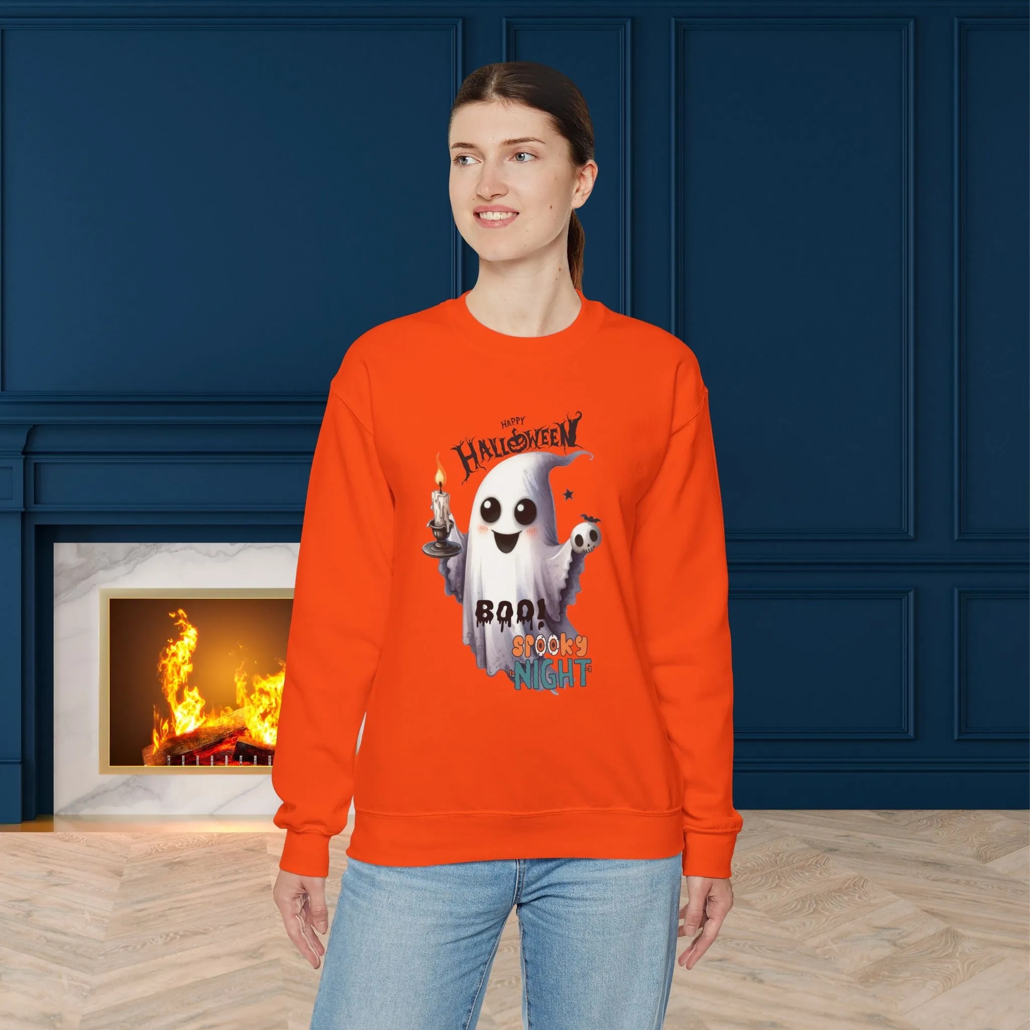 Boo Spooky Night Happy Halloween Sweatshirt, Happy Halloween Sweatshirt - Unisex Heavy Blend Crewneck, Halloween Sweatshirt, Cute Spooky Ghost sweatshirt.