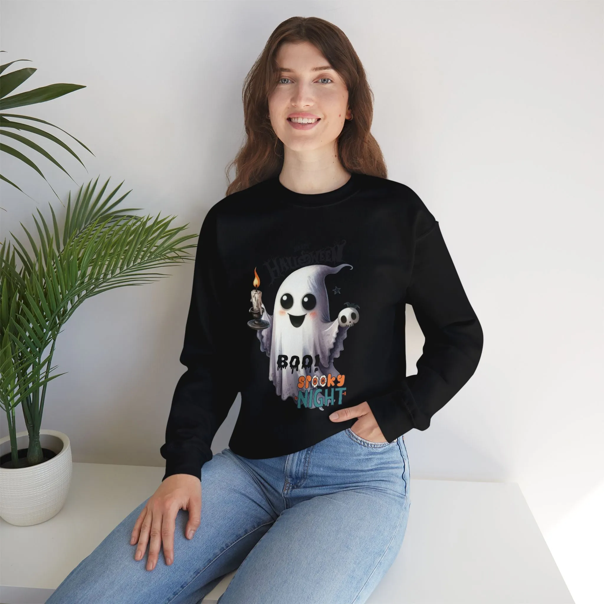 Boo Spooky Night Happy Halloween Sweatshirt, Happy Halloween Sweatshirt - Unisex Heavy Blend Crewneck, Halloween Sweatshirt, Cute Spooky Ghost sweatshirt.