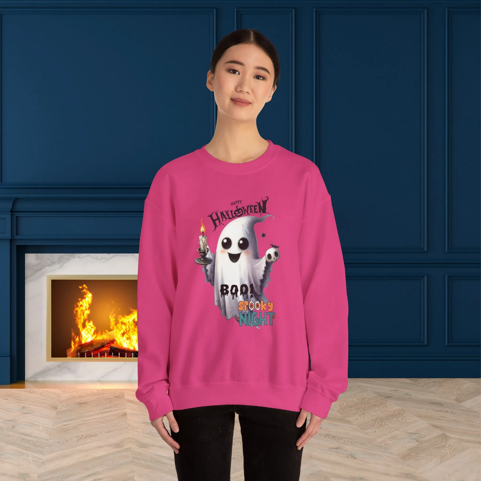 Boo Spooky Night Happy Halloween Sweatshirt, Happy Halloween Sweatshirt - Unisex Heavy Blend Crewneck, Halloween Sweatshirt, Cute Spooky Ghost sweatshirt.