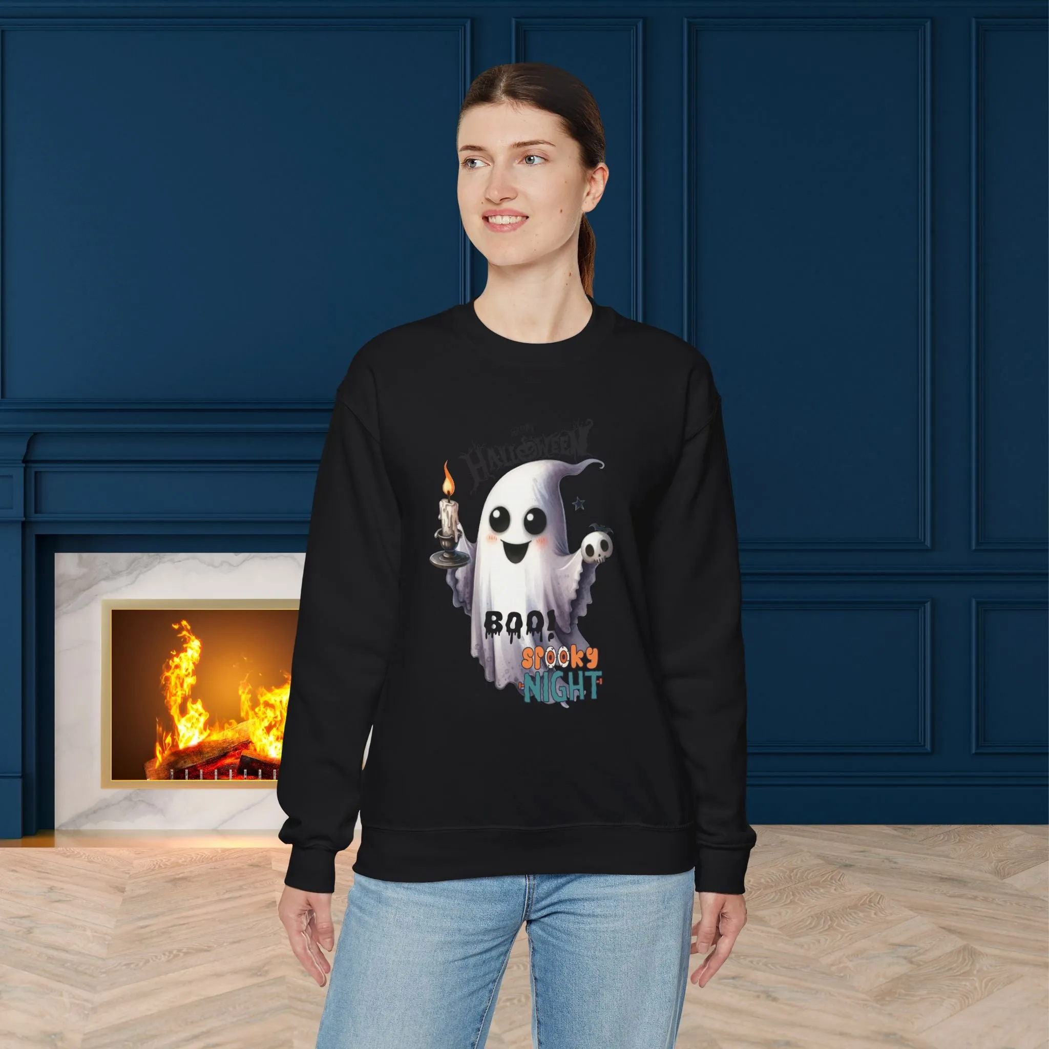 Boo Spooky Night Happy Halloween Sweatshirt, Happy Halloween Sweatshirt - Unisex Heavy Blend Crewneck, Halloween Sweatshirt, Cute Spooky Ghost sweatshirt.