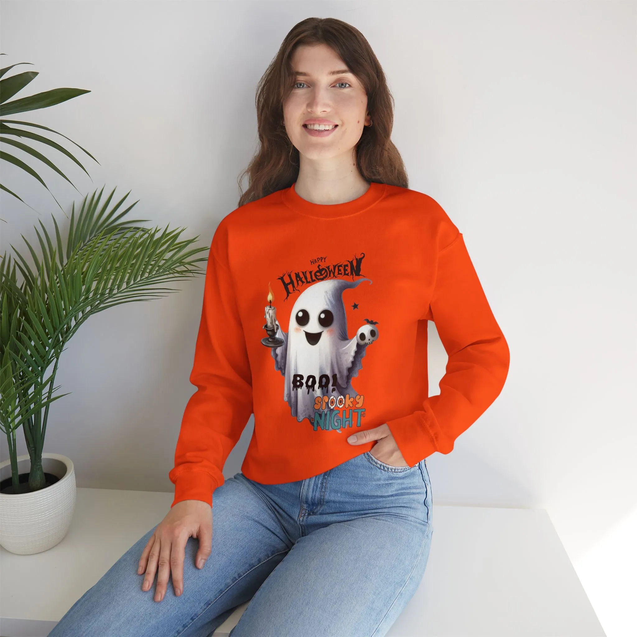 Boo Spooky Night Happy Halloween Sweatshirt, Happy Halloween Sweatshirt - Unisex Heavy Blend Crewneck, Halloween Sweatshirt, Cute Spooky Ghost sweatshirt.