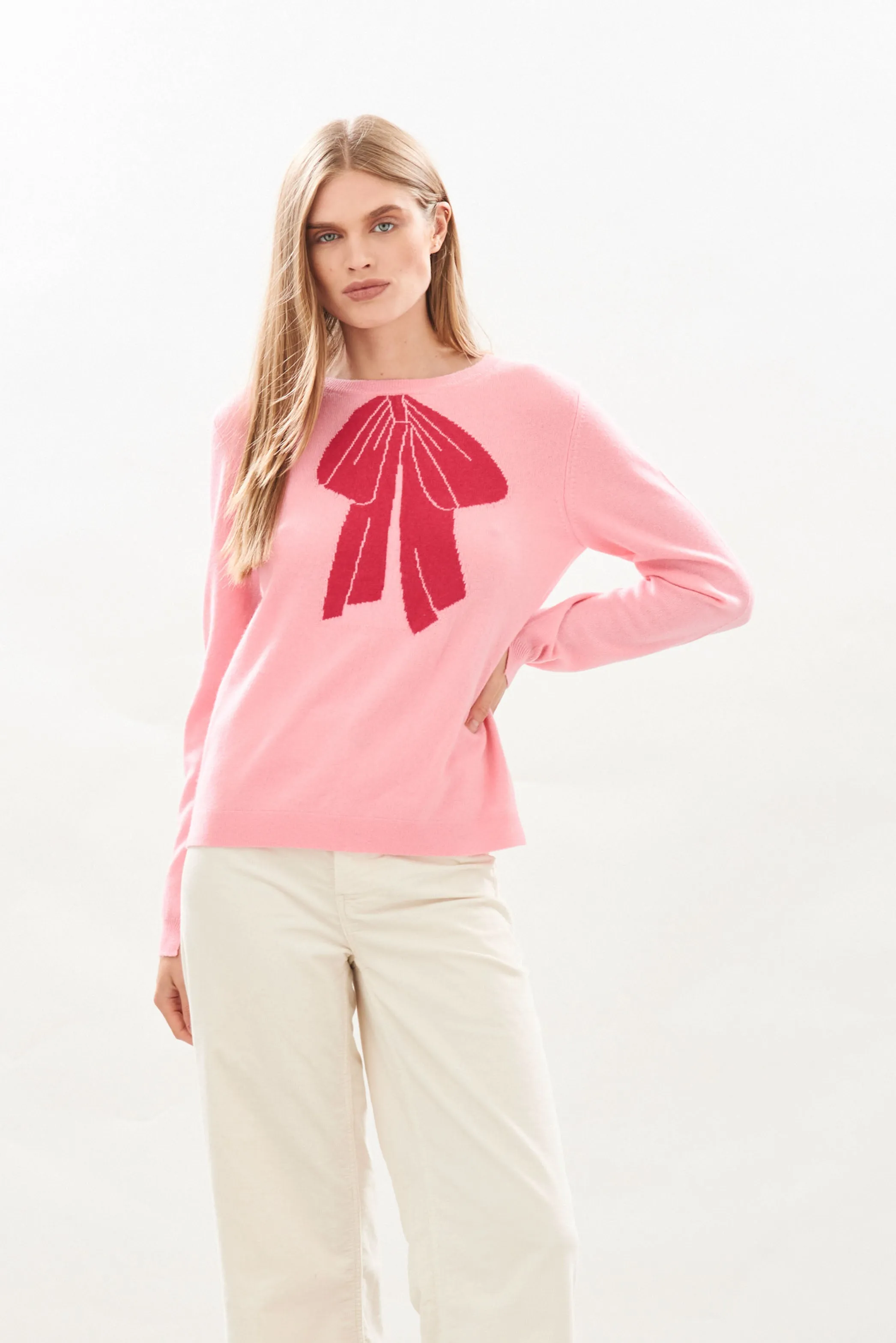 Bow Cashmere Crew in Floss and Cherry