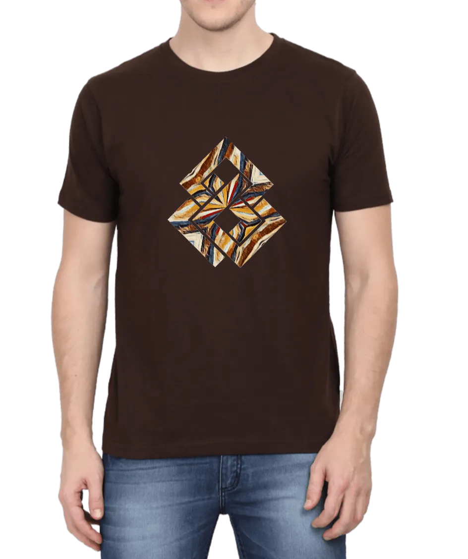 Brown & Yellow Geometric Design Men's T Shirt D02