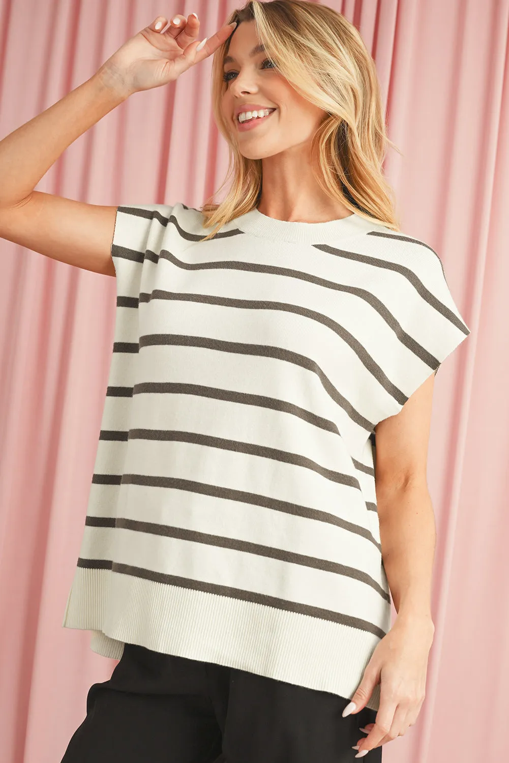 Brown Stripe Side Slits Short Sleeve Knit Top