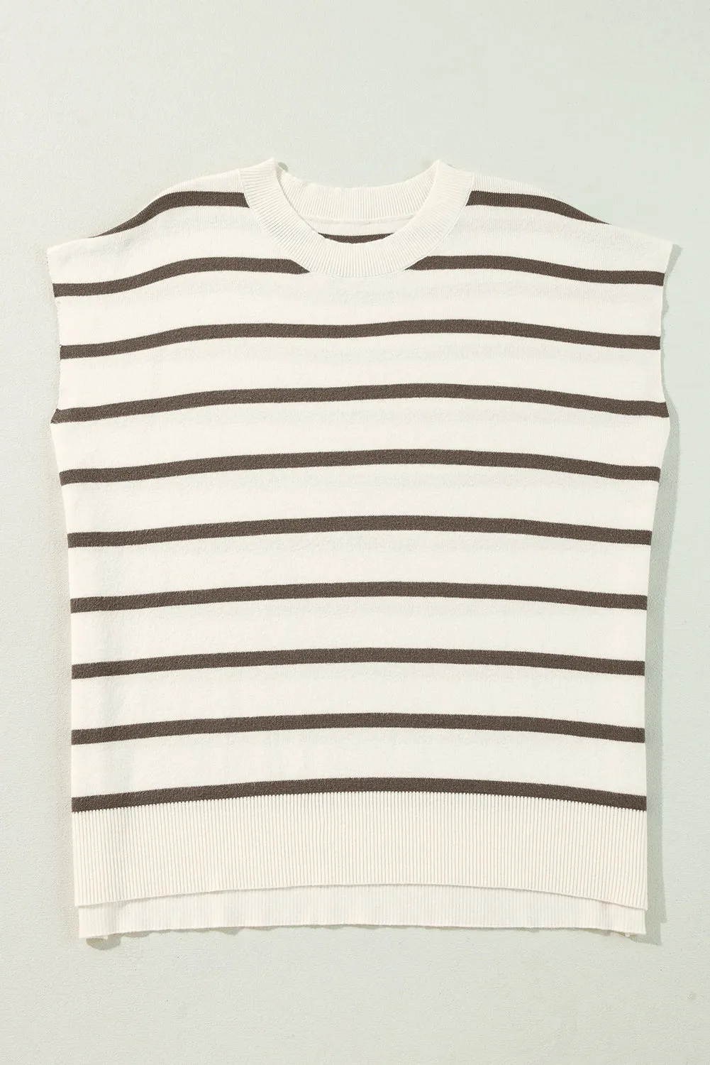 Brown Stripe Side Slits Short Sleeve Knit Top