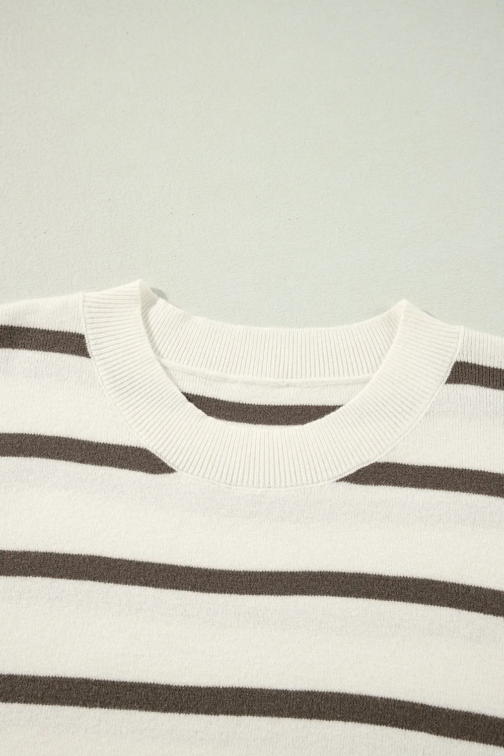 Brown Stripe Side Slits Short Sleeve Knit Top