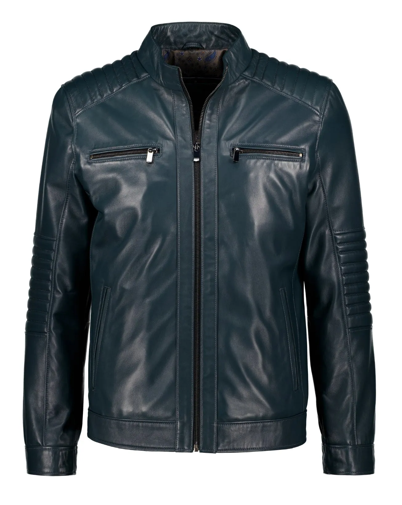 Cafe Racer Leather Jacket - Teal Blue