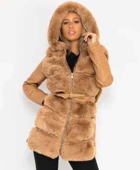 Camel Tiered Faux Fur Trim PU PVC Hooded Coat Jacket