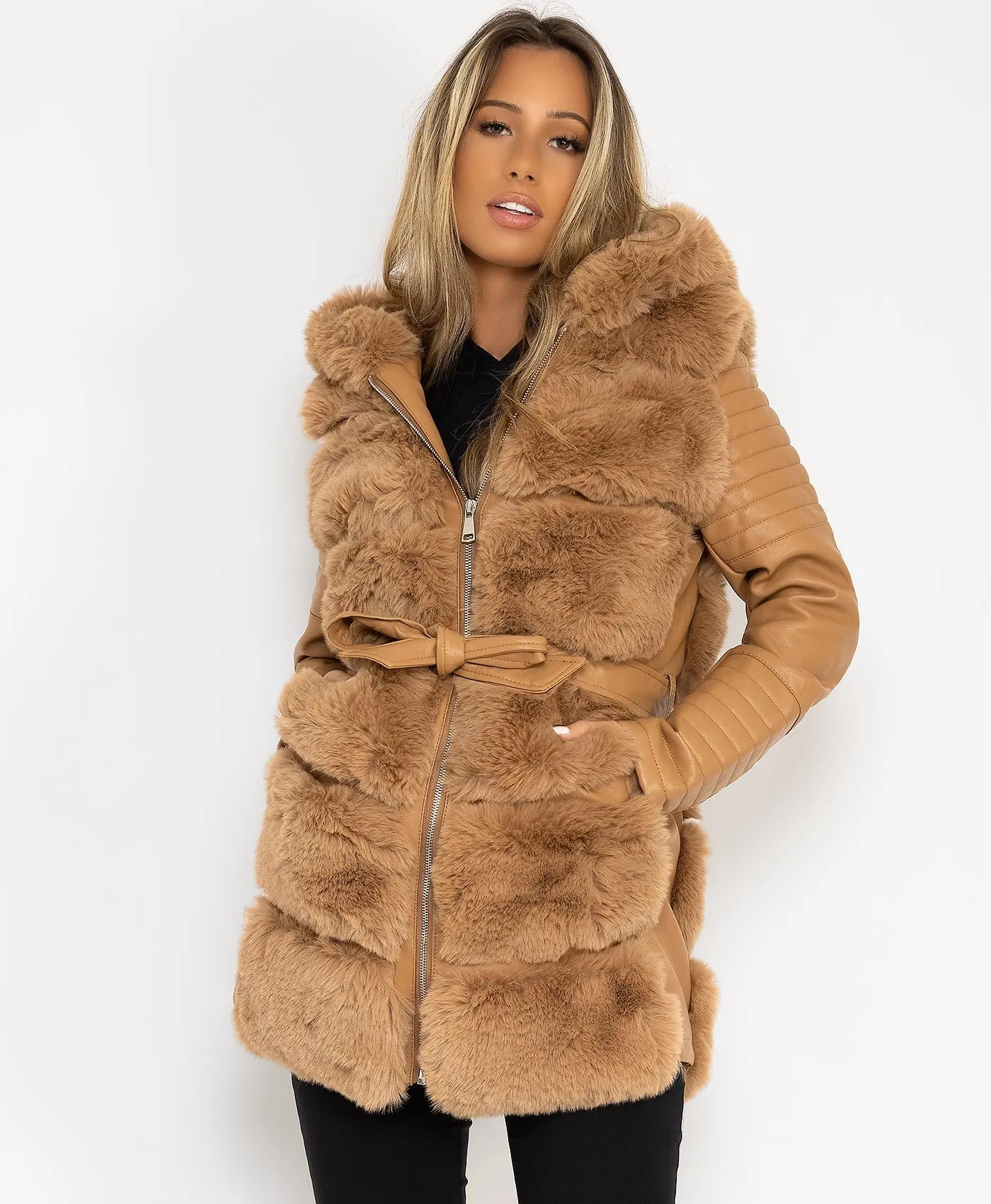 Camel Tiered Faux Fur Trim PU PVC Hooded Coat Jacket