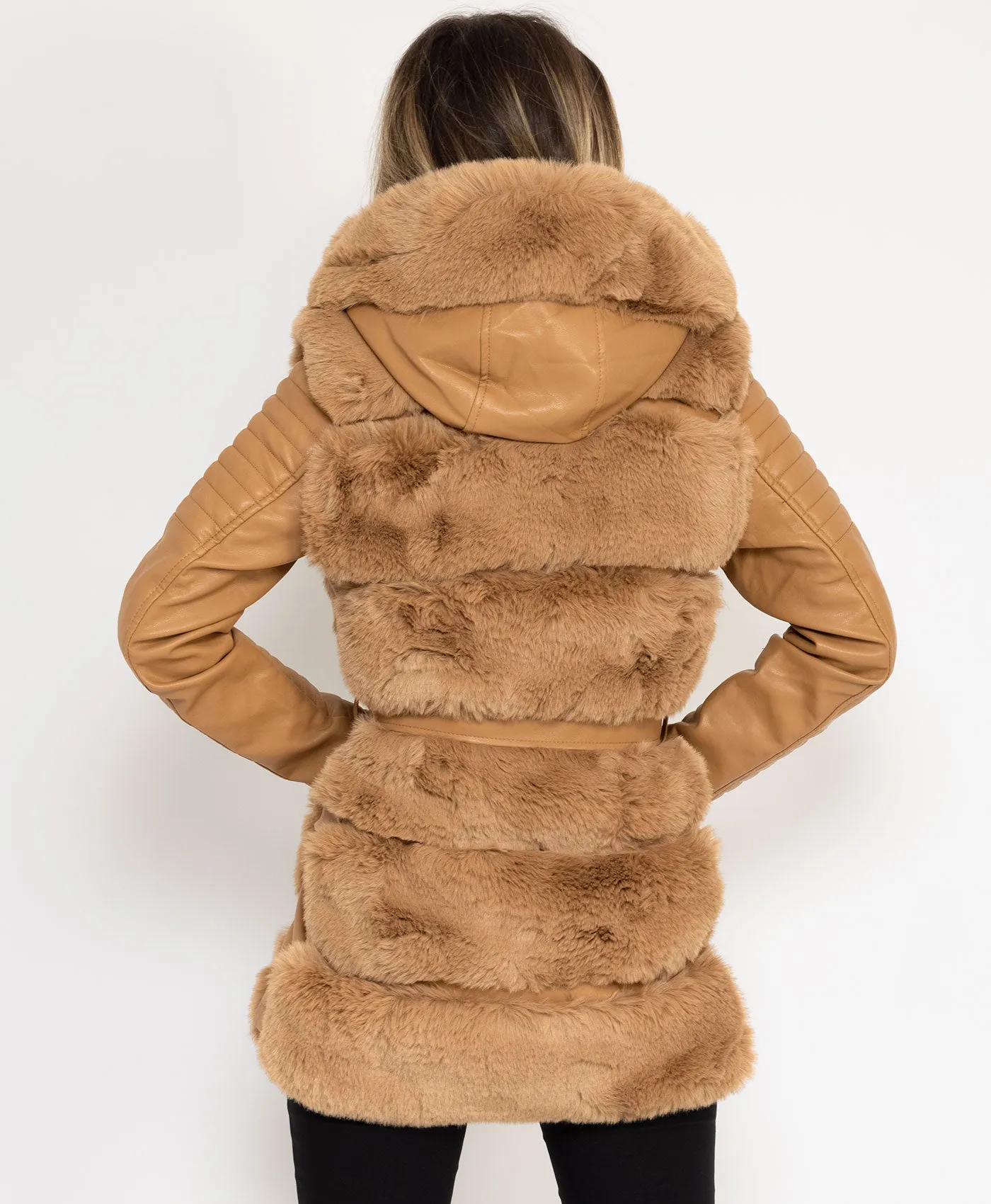 Camel Tiered Faux Fur Trim PU PVC Hooded Coat Jacket