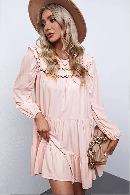 Canyon Pocketed Tiered Babydoll Dress - Blush