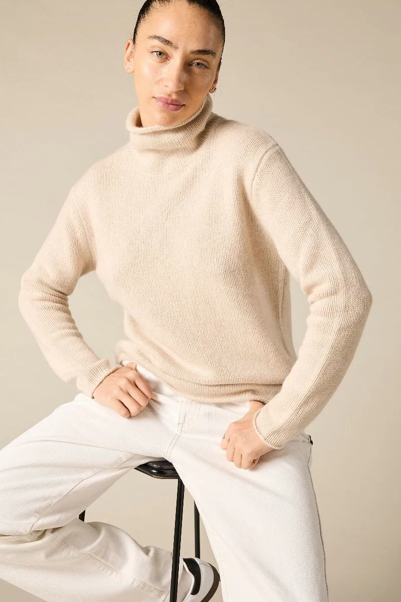 Cashmere Frankie Relaxed Funnel Neck in Pale Marle Beige