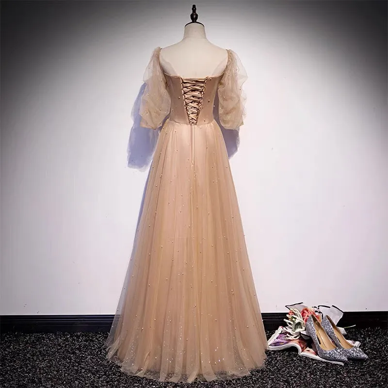 Champagne Flowy Prom Dress with Sleeves , 21121401