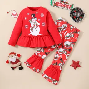 Christmas Snowman Top   Flared Pants Set Wholesale Girls Clothes