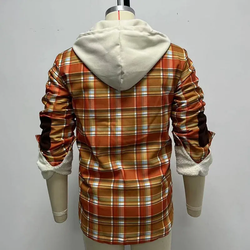 Classic Plaid Design Hoodied Long Sleeved Loose Men Shirt Coat