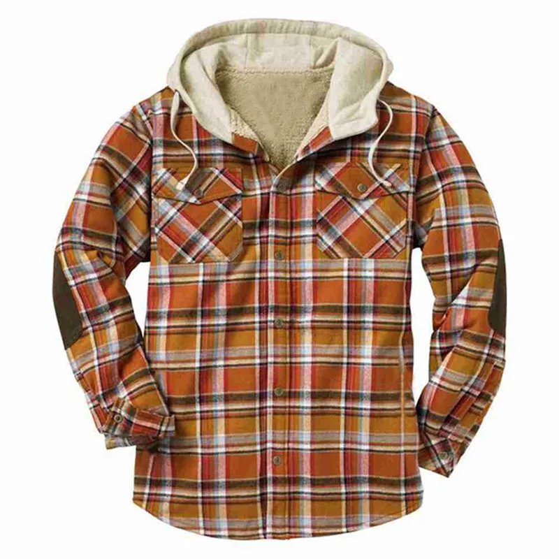 Classic Plaid Design Hoodied Long Sleeved Loose Men Shirt Coat