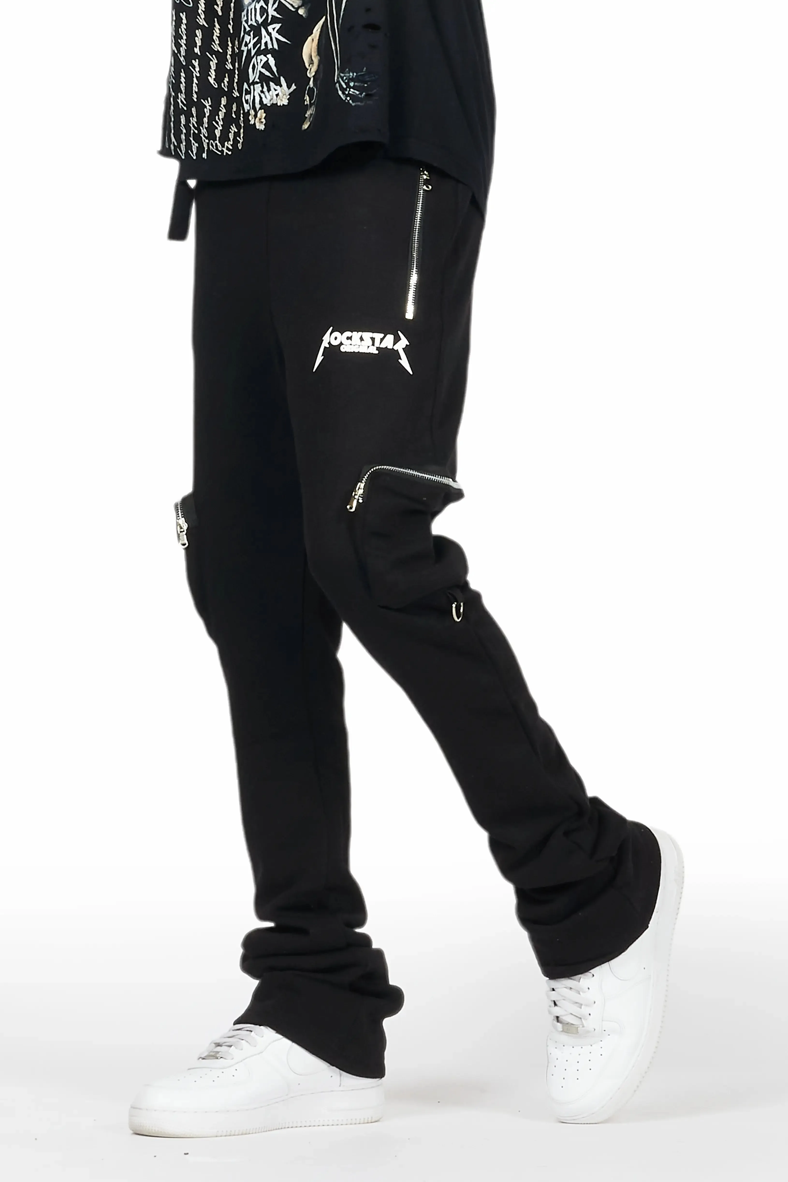 Colin Black Stacked Flare Trackpant