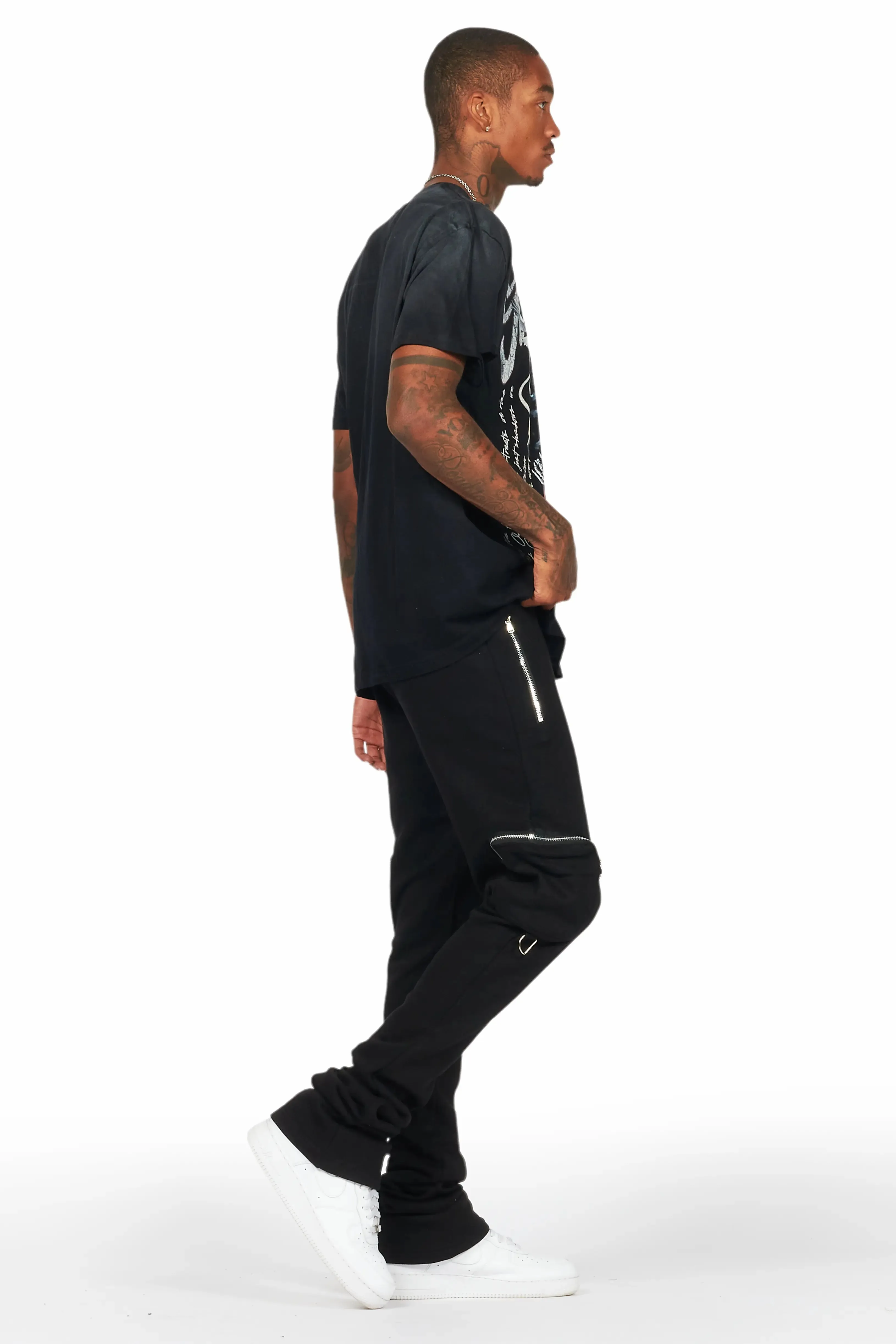 Colin Black Stacked Flare Trackpant