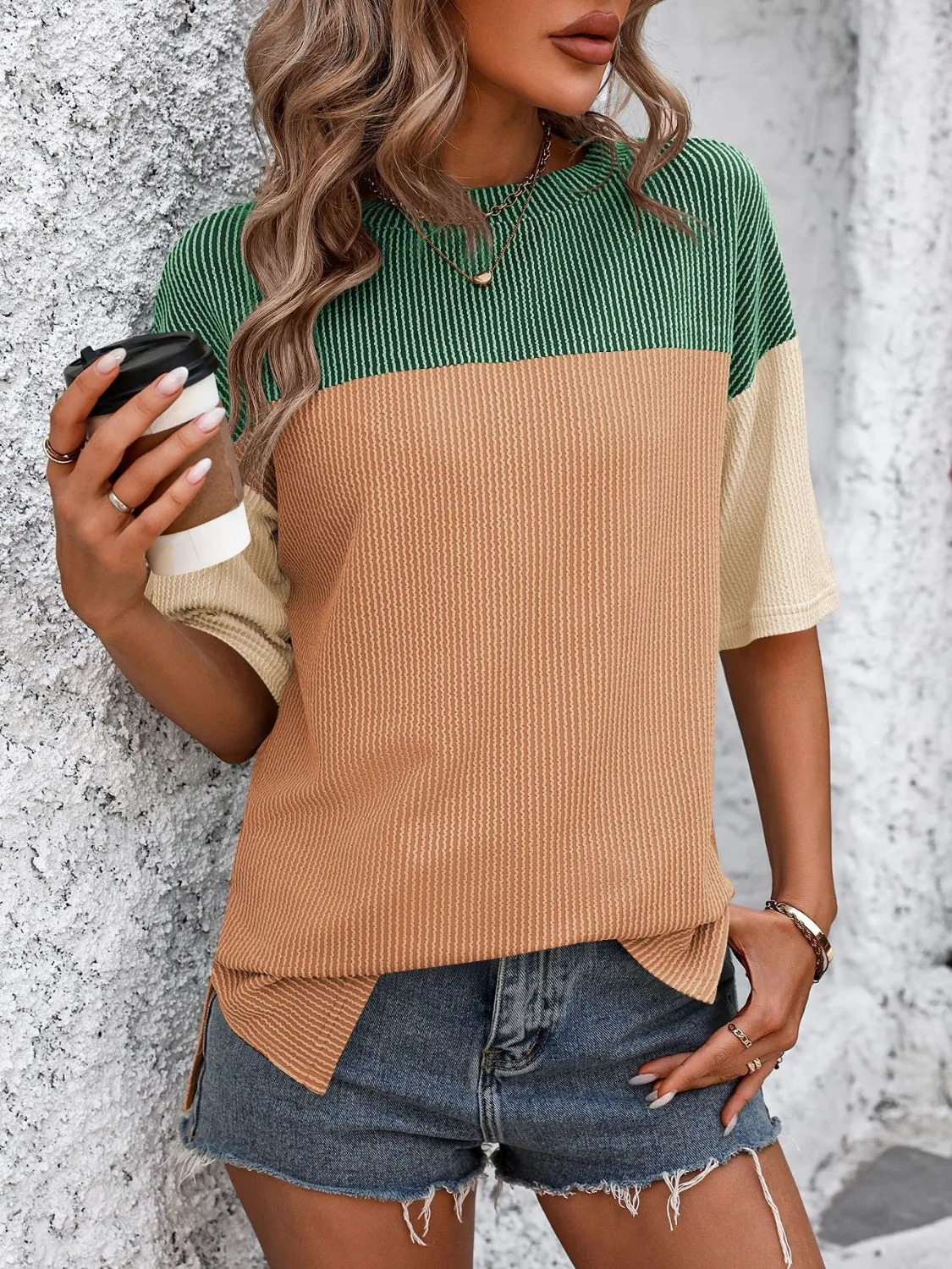 Color Block Round Neck Half Sleeve T-Shirt Top